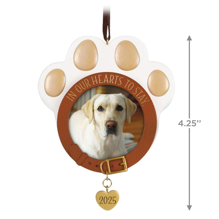 Paw-shaped pet memorial ornament with photo frame, metal heart charm dated 2025, and “In Our Hearts to Stay” collar design.