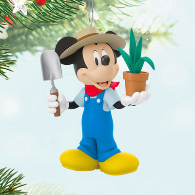 Hallmark Keepsake ornament of Mickey Mouse in overalls and sun hat, holding a potted plant and garden trowel, Disney All About Mickey series