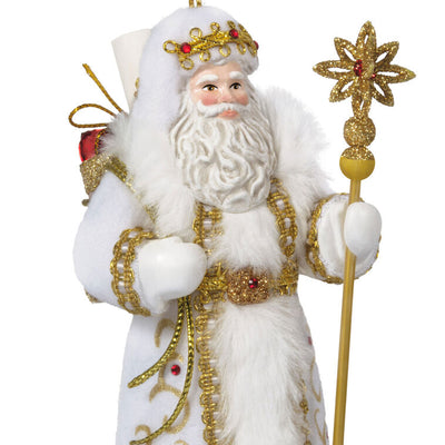 Santa in white coat with gold staff, red gems, gold trim, and faux fur, holding scroll pack, Hallmark Keepsake Father Christmas ornament
