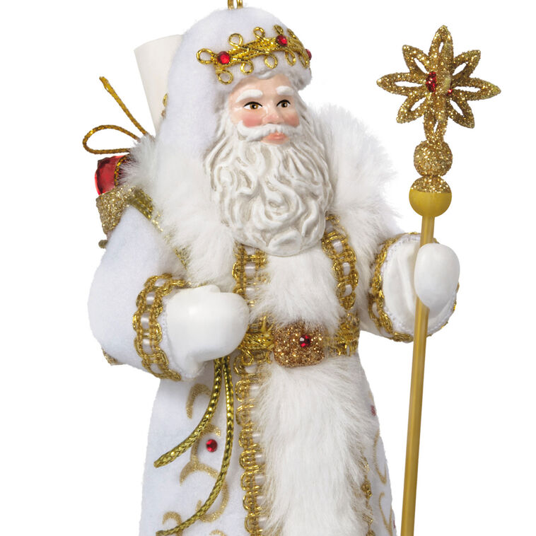 Santa in white coat with gold staff, red gems, gold trim, and faux fur, holding scroll pack, Hallmark Keepsake Father Christmas ornament
