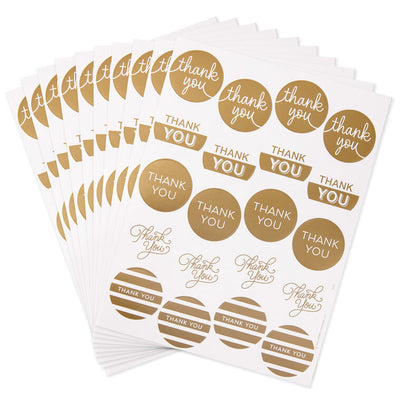 Gold foil thank-you sticker seals in assorted designs, includes 10 sheets of self-adhesive stickers.
