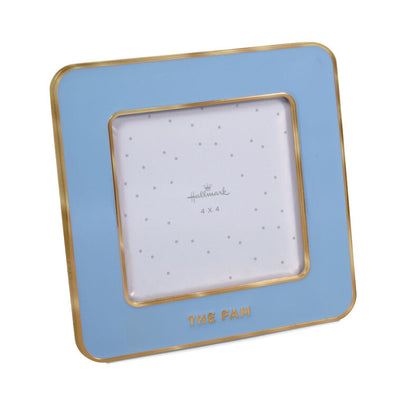 Blue enamel square picture frame with gold trim and “The Fam” caption below 4x4 photo opening.