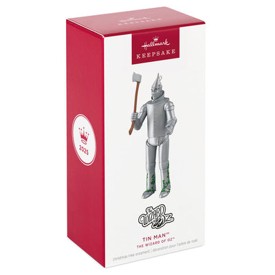 Tin Man ornament, Wizard of Oz character holding ax, silver costume, Hallmark Keepsake, Christmas tree decoration, classic movie collectible.