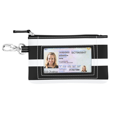 Late Bloomer IDKase card holder with key clasp, clear ID window, and slim design in water-resistant coated cotton.