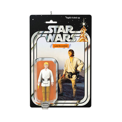 Luke Skywalker vintage figure ornament in Star Wars card packaging, white outfit, Hallmark collectible Christmas ornament for fans