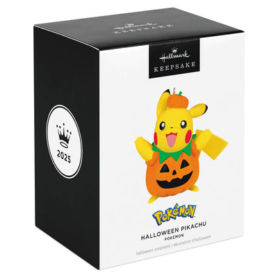 Halloween Pikachu ornament in jack-o'-lantern costume, festive fall decoration for Pokémon fans