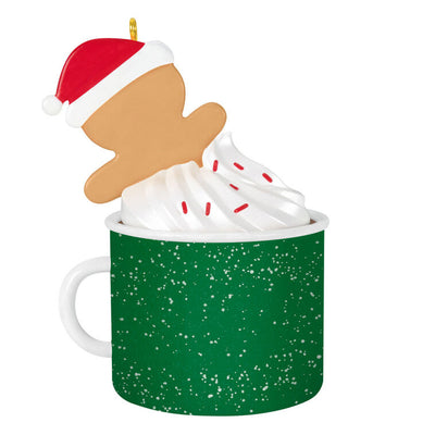 2025 Christmas ornament of gingerbread dad cookie in green mug with whipped cream, festive holiday design


