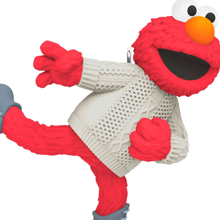 Elmo from Sesame Street ice-skating in a white cable-knit sweater, Hallmark Keepsake ornament, Christmas tree decoration for kids and fans.