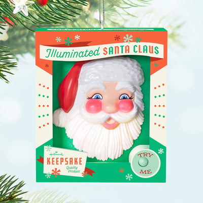 Retro Santa face ornament in festive box with light-up rosy cheeks and beard, battery operated Christmas decoration

