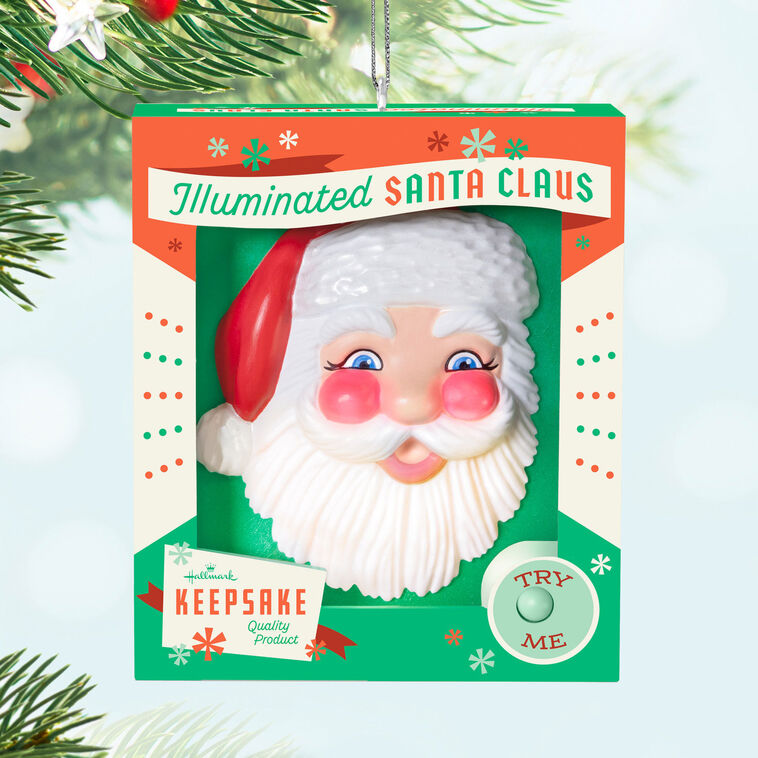Retro Santa face ornament in festive box with light-up rosy cheeks and beard, battery operated Christmas decoration

