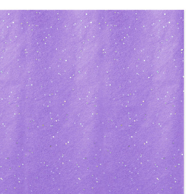Hallmark amethyst tissue paper with iridescent dots, shown folded, styled in a gift bag, and displayed flat to highlight the shimmer.
