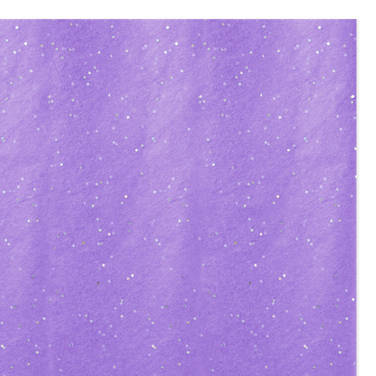 Hallmark amethyst tissue paper with iridescent dots, shown folded, styled in a gift bag, and displayed flat to highlight the shimmer.