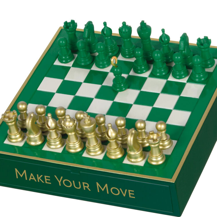 Chess ornament with green and gold pieces on green and white checkerboard, holiday decor for chess enthusiasts


