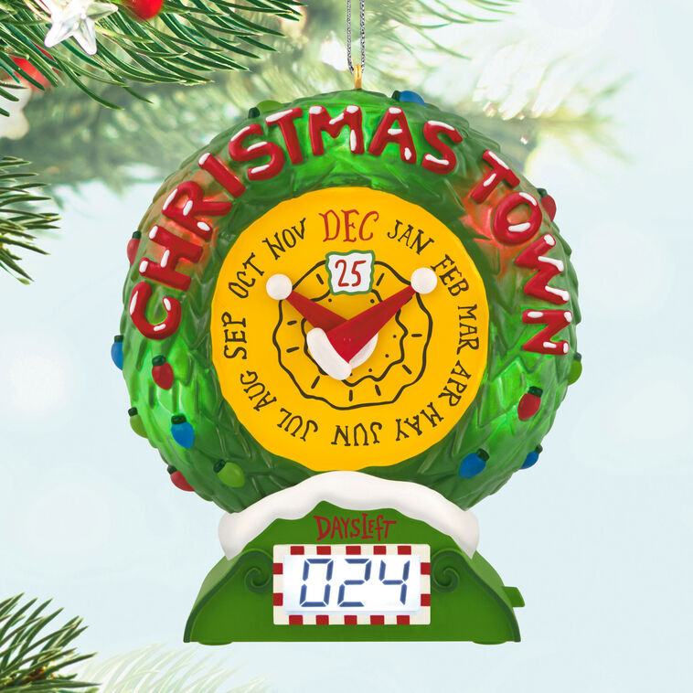 Christmas Town countdown clock ornament with lights, motion, and music from The Nightmare Before Christmas.

