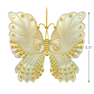 Brilliant Butterflies Christmas tree ornament with gold and pearlescent design, gem accents, and iridescent scalloped wings