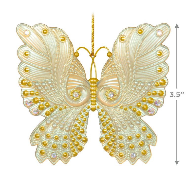 Brilliant Butterflies Christmas tree ornament with gold and pearlescent design, gem accents, and iridescent scalloped wings