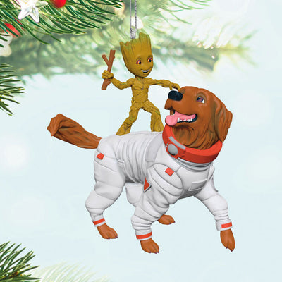 Groot and Cosmo ornament, Guardians of the Galaxy, playful dog and tree hero, Hallmark Keepsake, Christmas tree decoration.