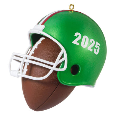 Christmas ornament with red-green football helmet on a football, year-dated 2025 for football players and coaches

