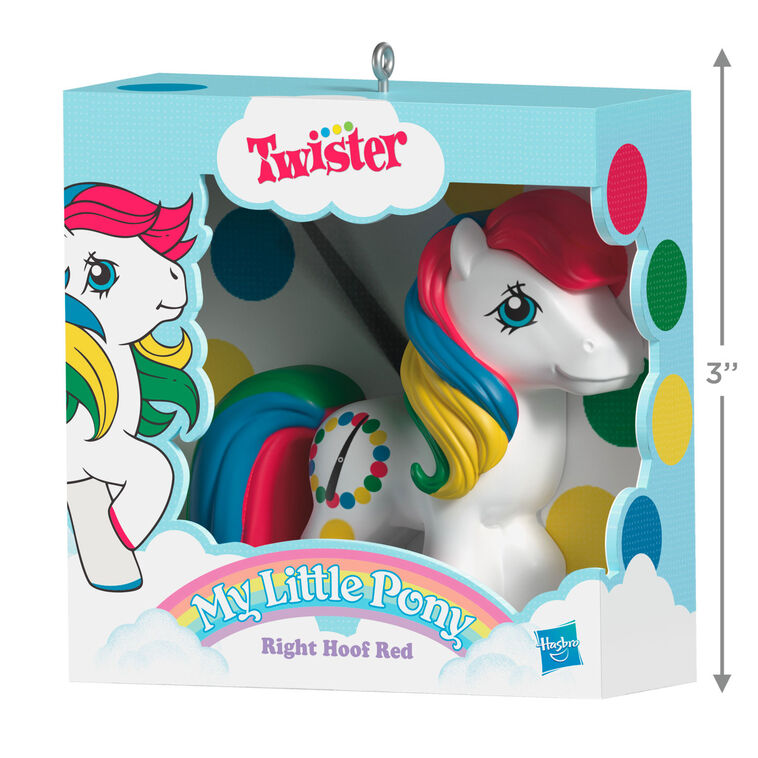 Hallmark Keepsake Hasbro My Little Pony Retro Twister Right Hoof Red ornament, white pony with rainbow mane and Twister spots.