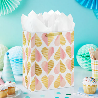 Hallmark 13-inch large gift bag with gold foil and pink watercolor hearts, romantic heart pattern, and sturdy handles
