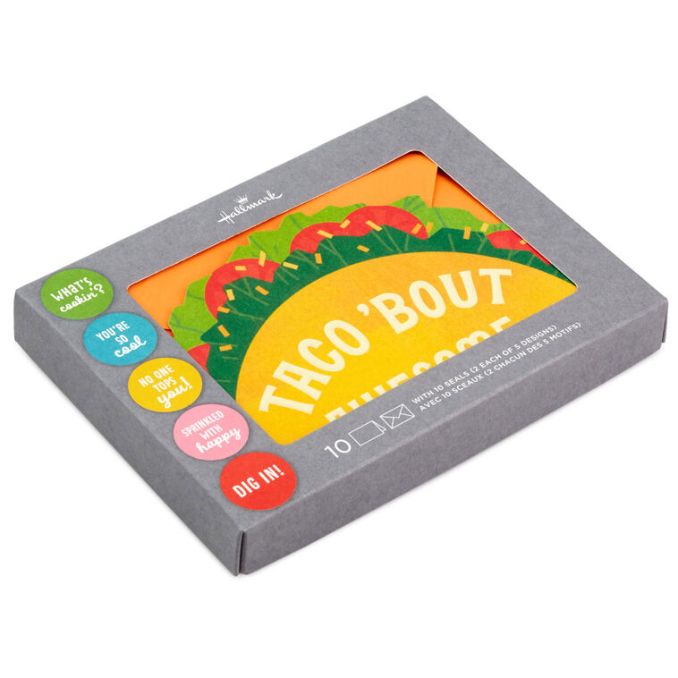 Hallmark blank notes set with taco, pizza, donut, and ice cream die-cut cards, matching stickers, pack of 10