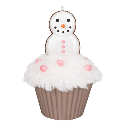 Hallmark Keepsake Christmas Cupcakes Merry Macarons ornament—cupcake with white meringue icing, pink pearl candies, snowman made of macarons