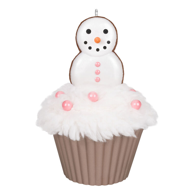 Hallmark Keepsake Christmas Cupcakes Merry Macarons ornament—cupcake with white meringue icing, pink pearl candies, snowman made of macarons