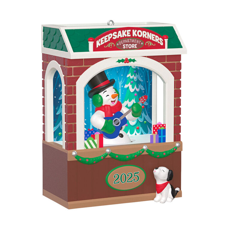 Snowman playing guitar with barking puppy in store window, Hallmark Rockin&