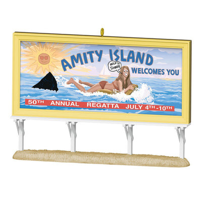 Jaws 50th Anniversary ornament, Amity Island billboard, lenticular image, shark fin, Hallmark Keepsake Christmas decoration.