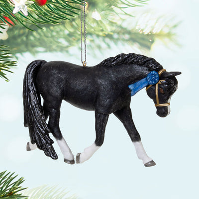 Glossy black Welsh Pony Christmas ornament with white socks and blaze, posed in extended trot, equestrian gift

