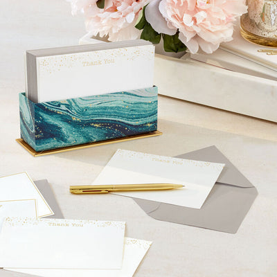 Gold Bee and Dots on White Assorted Blank Flat Thank You Note Cards in Caddy, Pack of 40