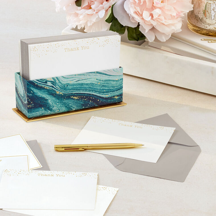Gold Bee and Dots on White Assorted Blank Flat Thank You Note Cards in Caddy, Pack of 40