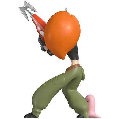 Kim Possible ornament in black top and green pants, holding grappling hook with Rufus the naked mole rat by her side.

