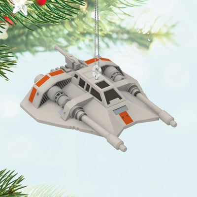 Mini Rebel Snowspeeder ornament, gray and orange T-47 vehicle from Star Wars Empire Strikes Back, Hallmark Keepsake collectible
