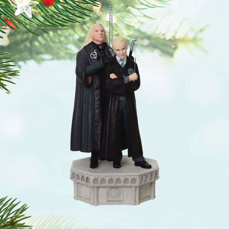 Hallmark Keepsake ornament of Lucius and Draco Malfoy in black robes standing on stone base, light and sound Chamber of Secrets Collection