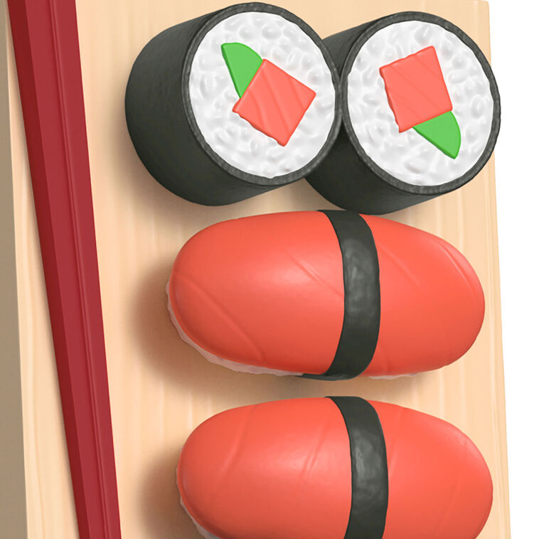 Mini sushi ornament with maki rolls, tuna nigiri, chopsticks on geta tray, Hallmark Keepsake food-themed Christmas collectible