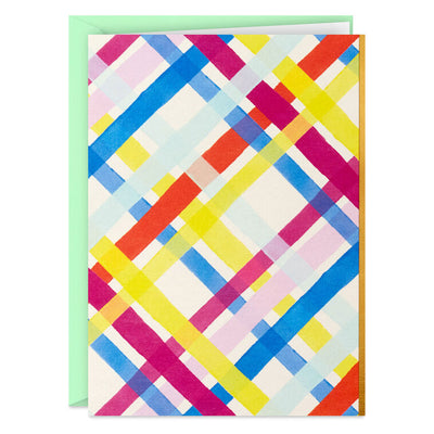 Bright pastel plaid blank note cards with gold foil accents and kraft envelopes.
