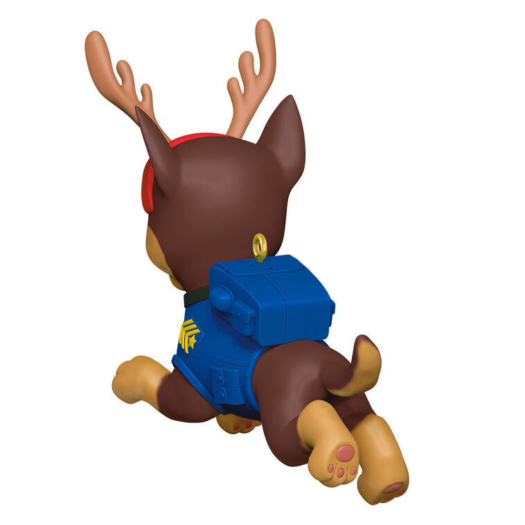 Chase Paw Patrol Christmas ornament in blue uniform with reindeer antlers, Hallmark Keepsake, German shepherd pup holiday decoration.