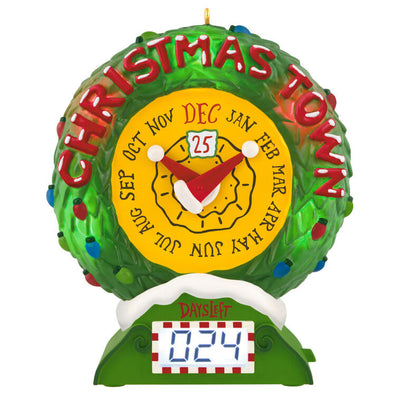 Christmas Town countdown clock ornament with lights, motion, and music from The Nightmare Before Christmas.

