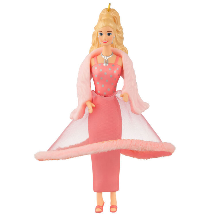 Pink & Pretty Barbie ornament in glamorous pink gown with faux fur trim, inspired by the 1981 doll, Hallmark Keepsake holiday decoration.