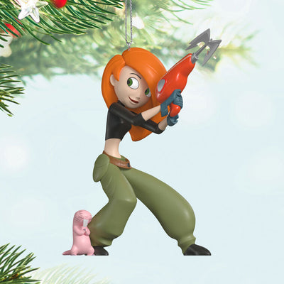 Kim Possible ornament in black top and green pants, holding grappling hook with Rufus the naked mole rat by her side.

