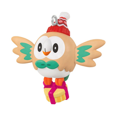 Mini Rowlet ornament, beige owl with green bow tie, red winter hat, and yellow gift box, Hallmark Keepsake Pokémon Christmas collectible
