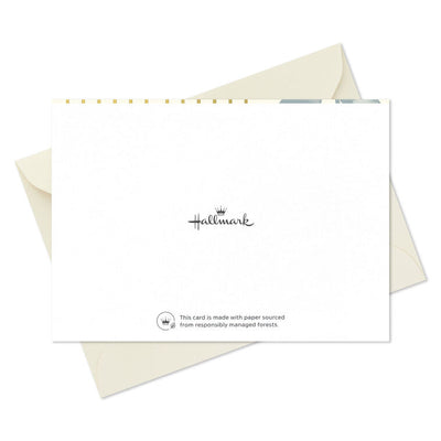 Ivory blank note cards with blue-gray eucalyptus branch artwork and gold foil concentric arch accents.
