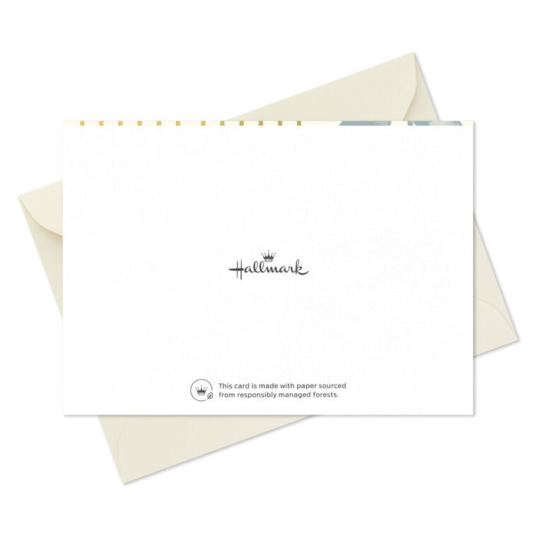 Ivory blank note cards with blue-gray eucalyptus branch artwork and gold foil concentric arch accents.
