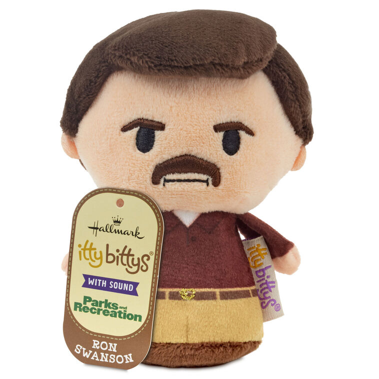Ron Swanson plush with iconic mustache, checked shirt, and serious expression from NBC’s Parks and Recreation.

