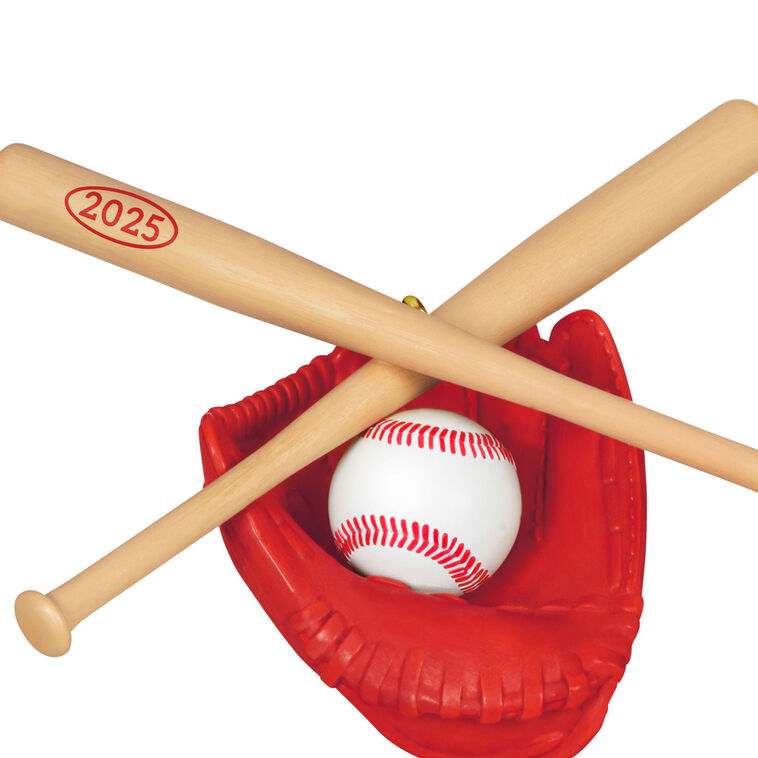 Red baseball glove ornament with 2025 baseball and crossed bats, celebrating the season’s MVP or favorite coach.