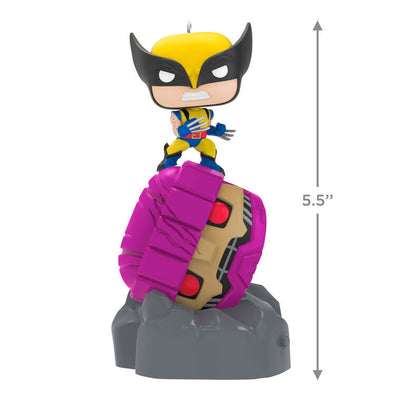 Wolverine Funko POP ornament, Marvel X-Men, defeating Sentinel, light-up eyes, Hallmark Keepsake, Christmas tree decoration.