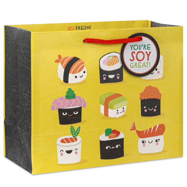 Hallmark medium gift bag with smiling sushi characters and pun text on a yellow background, perfect for fun gift occasions.