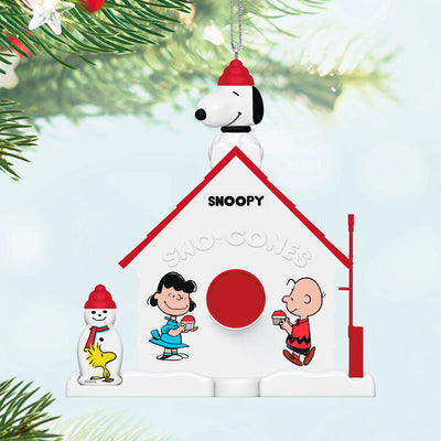 Mini Snoopy Sno-Cone Machine ornament with Snoopy, Charlie Brown, and Lucy, 75th anniversary Hallmark Peanuts Christmas collectible
