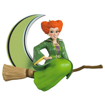 Halloween ornament of Winifred Sanderson on broomstick flying in front of crescent moon from Disney's Hocus Pocus